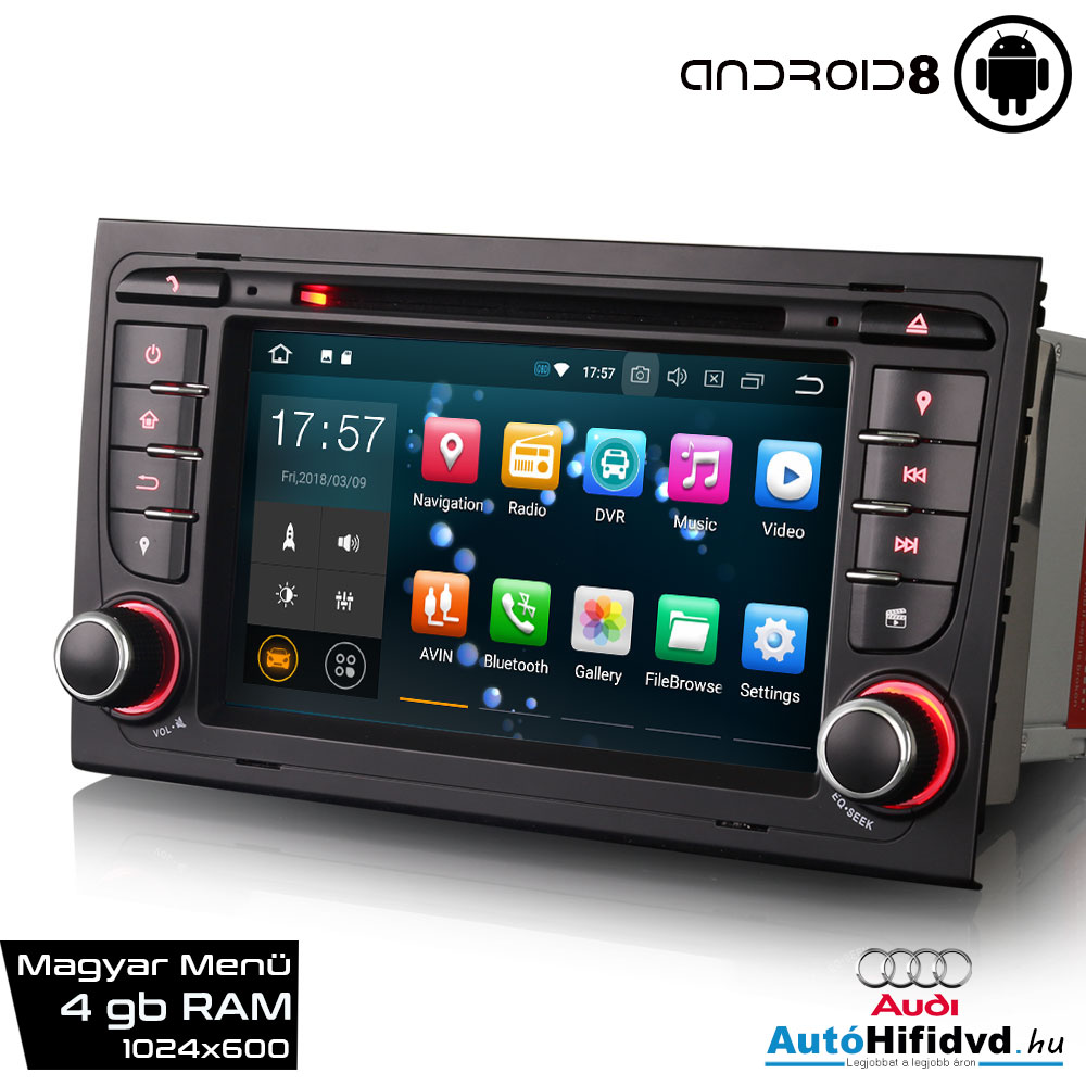 Garanciális AUDI A4 AutóHifi Márkaspecifikus GPS Navigáció (AUDI A4 (2002-2007) S4 RS4 8E 8F B9 B7 RNS-E) (4GB RAM, Magyar Nyelvű) ANDROID 8