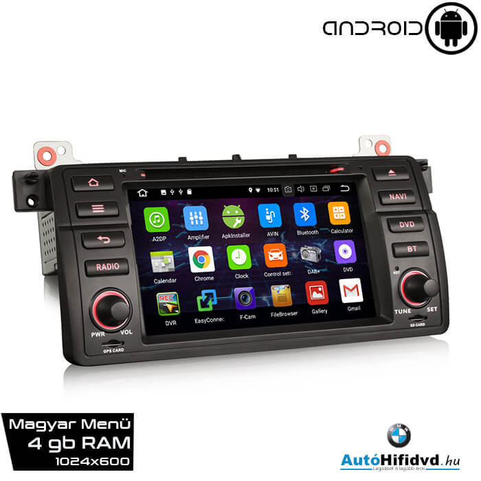 Garanciális BMW 3 E46, M3 Gyári Kinézetű AutóHifi GPS Navigáció (1998-2006) (4GB RAM, Magyar Nyelvű) ANDROID 9 a