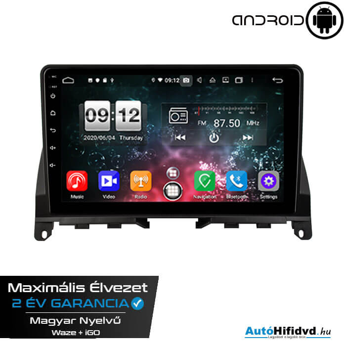 Garanciális Mercedes W204 AutóHifi, Gyári Kinézetű Autórádió (MERCEDES BENZ C-Class W204 S204 2007-2012) MárkaSpecifikus Multimédia (Magyar Nyelvű, 4 GB RAM) Android 14 GPS Navigáció (CARPLAY) (4G SIM) c